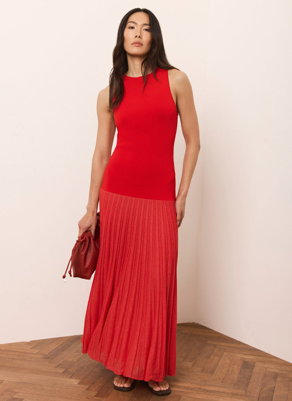 Red Knit Pleated Maxi Dress