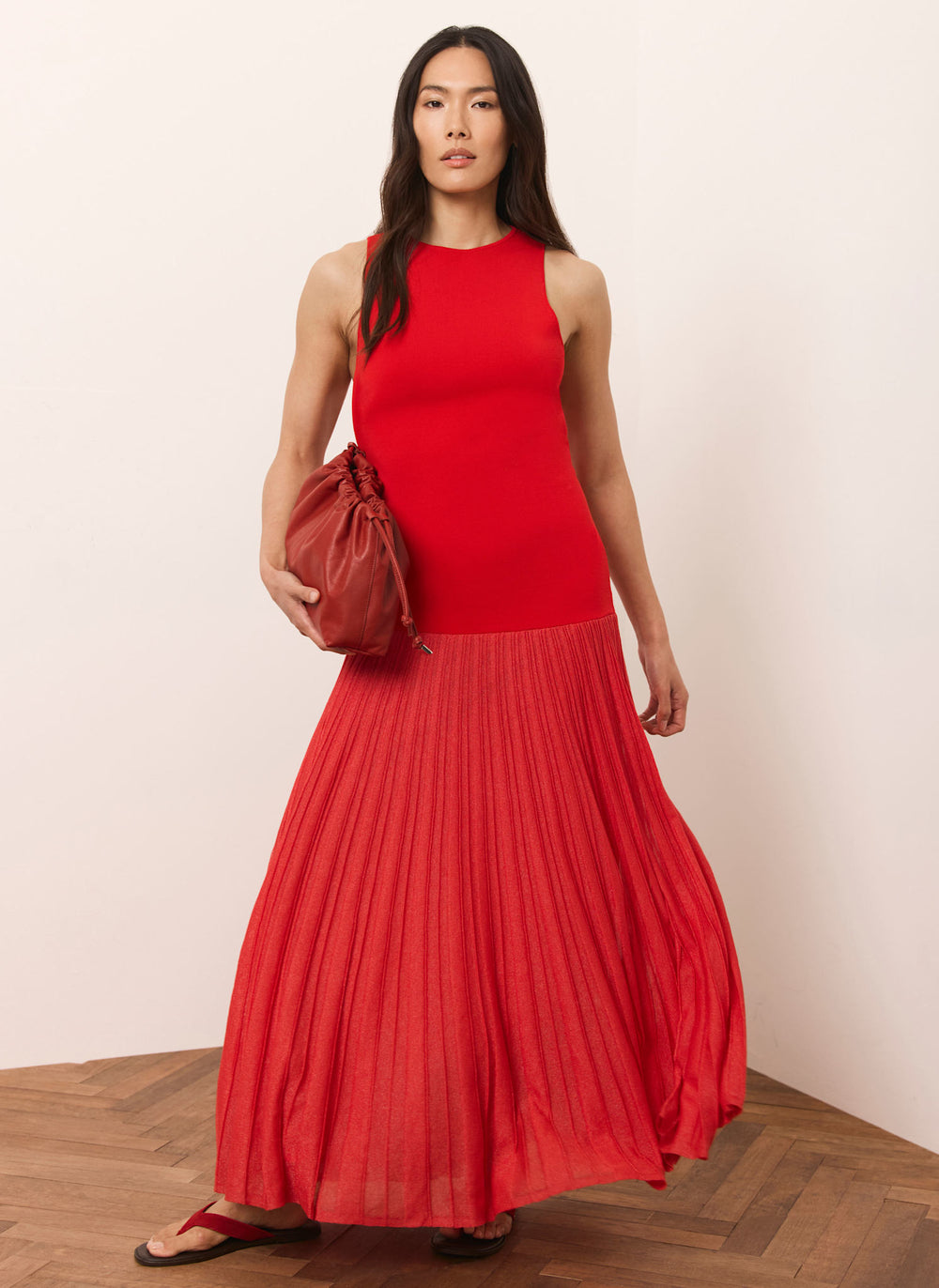 Red Knit Pleated Maxi Dress