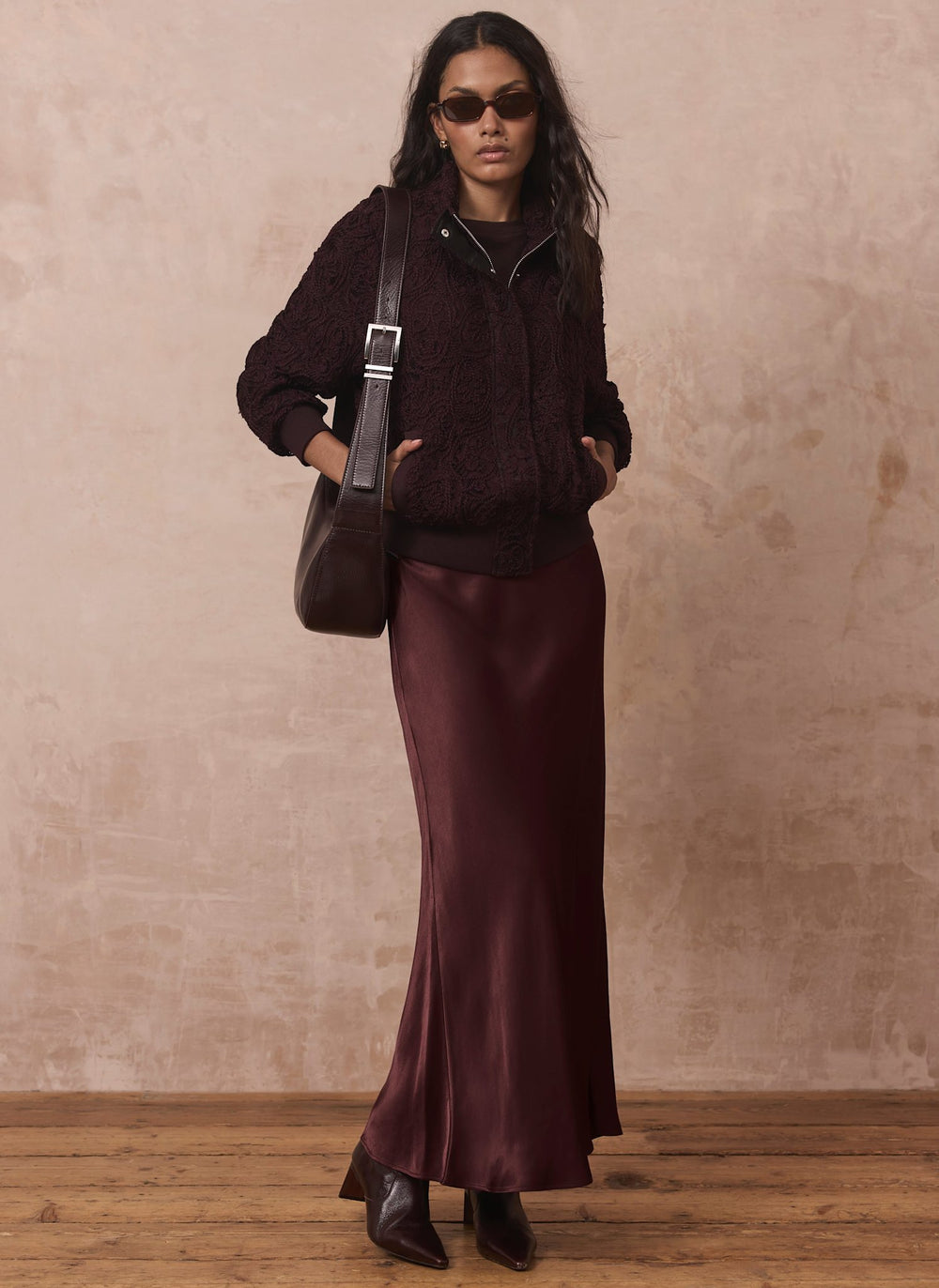 Burgundy Embroidered Lace Bomber Jacket