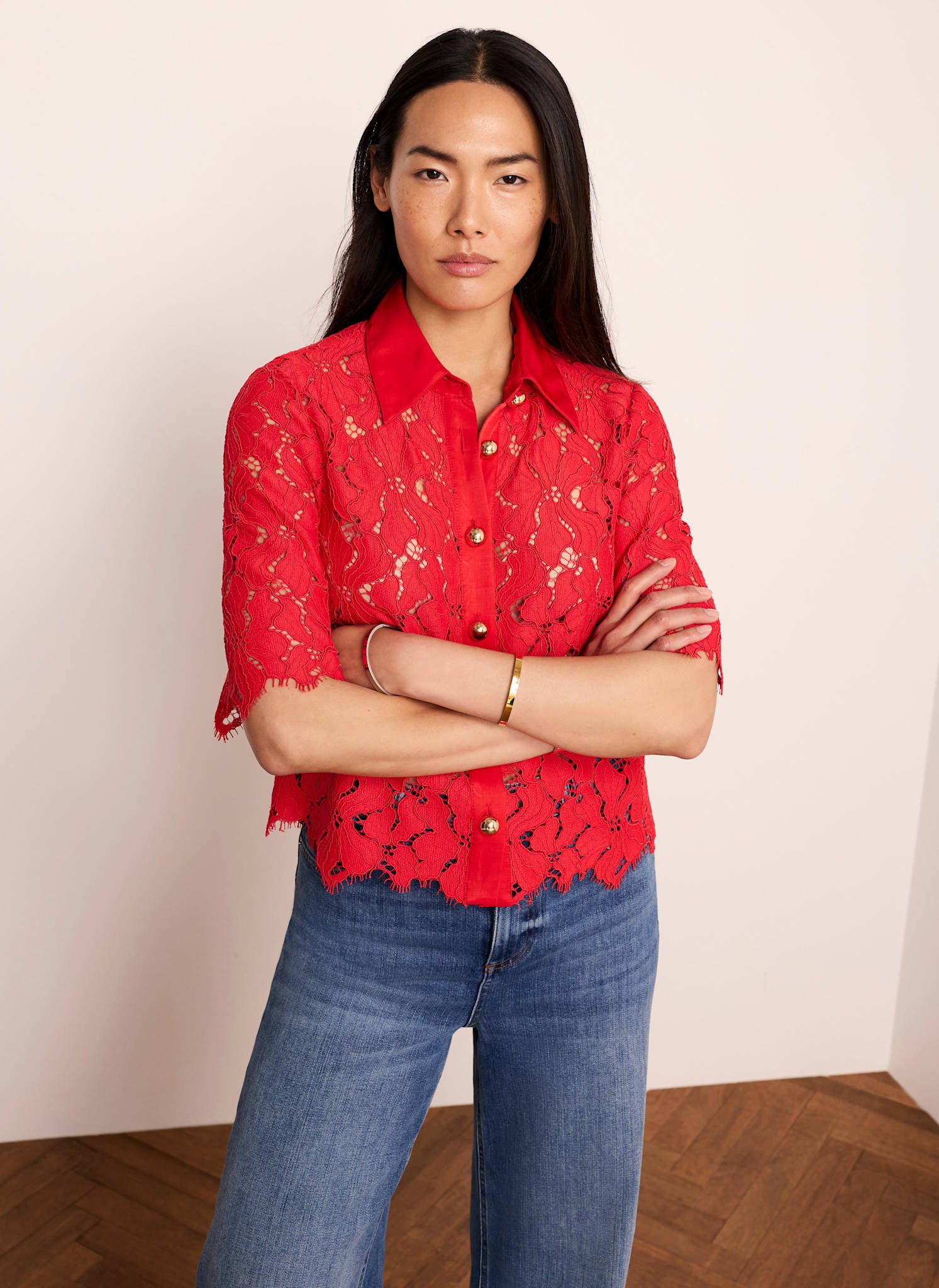 red short sleeve dress shirt Mint Velvet Lace Cropped | Size M | Red French Riviera Red Kap provides the COLOR:Ivory White FOR LOVE & LEMONS