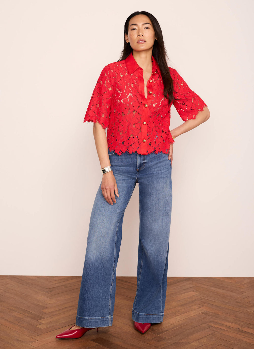 Red Lace Short Sleeve Cropped Shirt