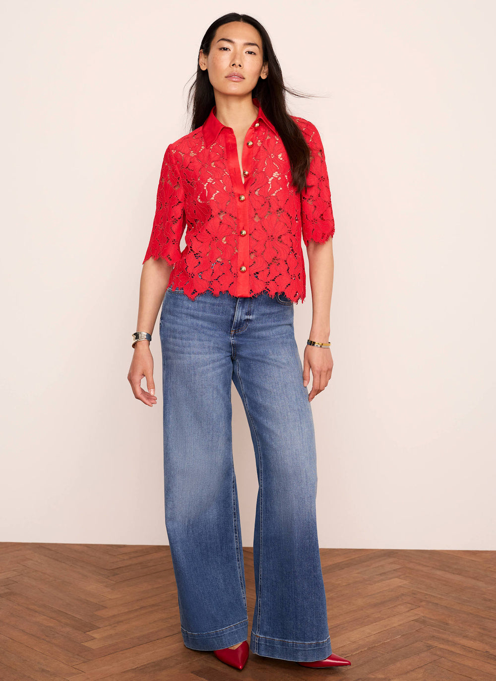 Red Lace Short Sleeve Cropped Shirt