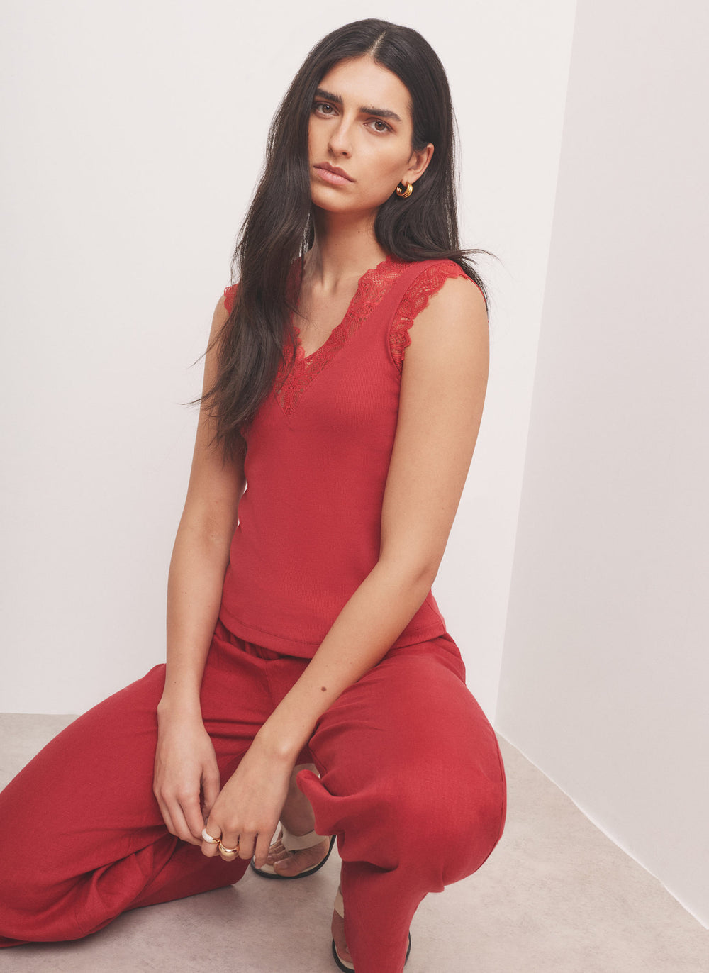 Red Cotton Blend Lace Detail Top