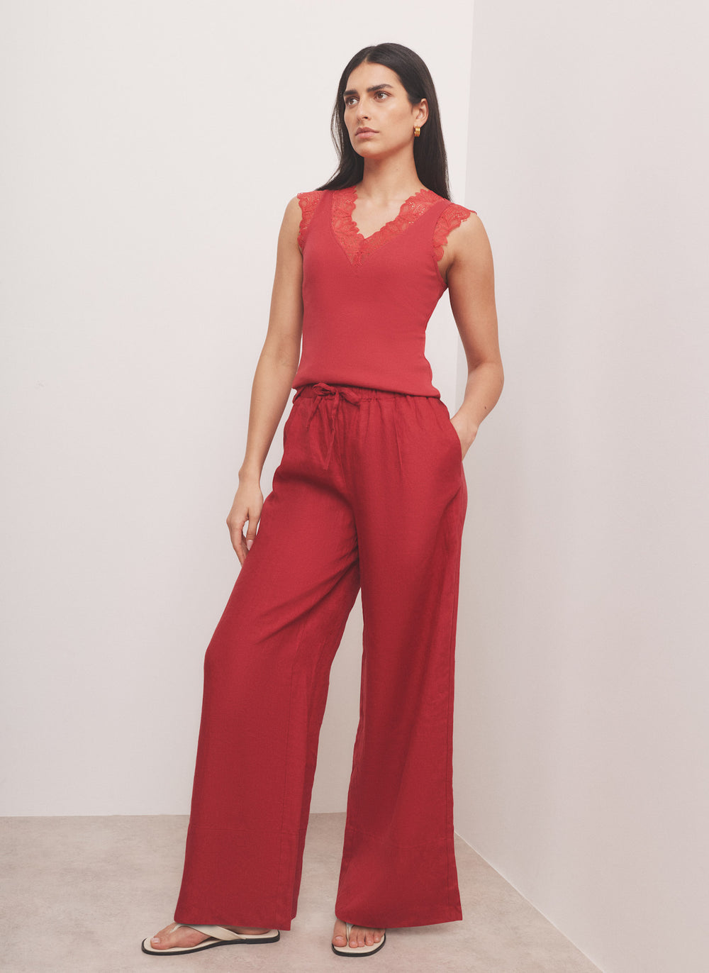 Red Cotton Blend Lace Detail Top