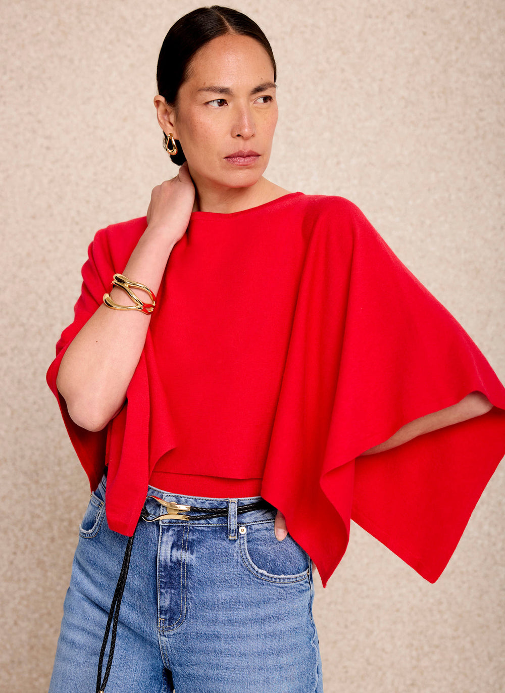 Red Layered Poncho Knit Top