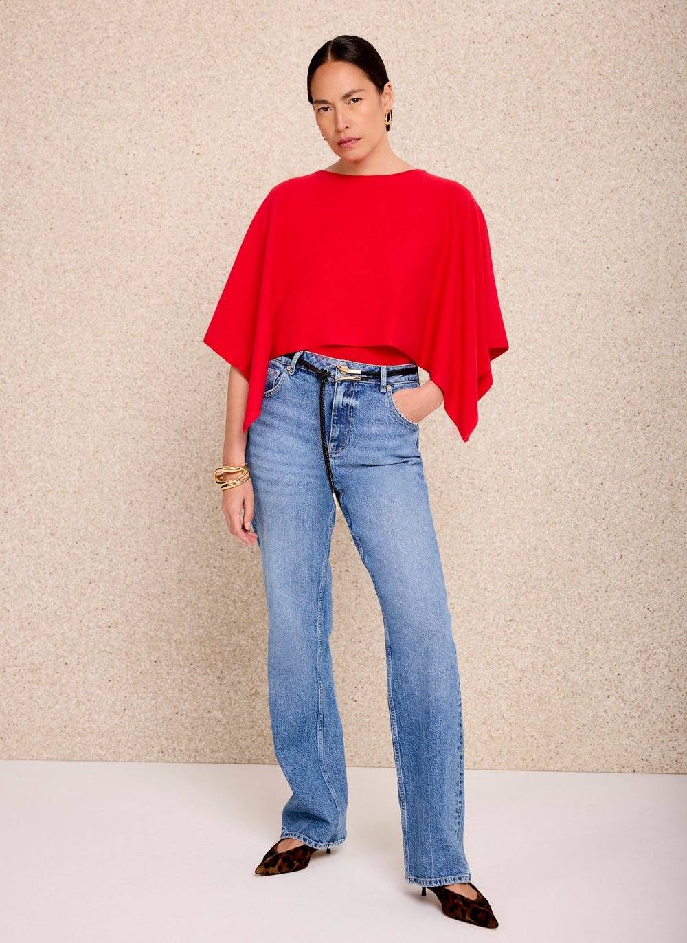Red Layered Poncho Knit Top