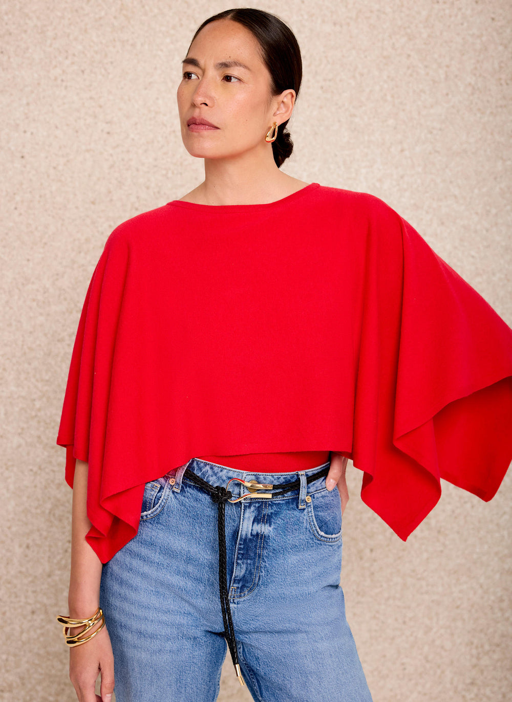 Red Layered Poncho Knit Top