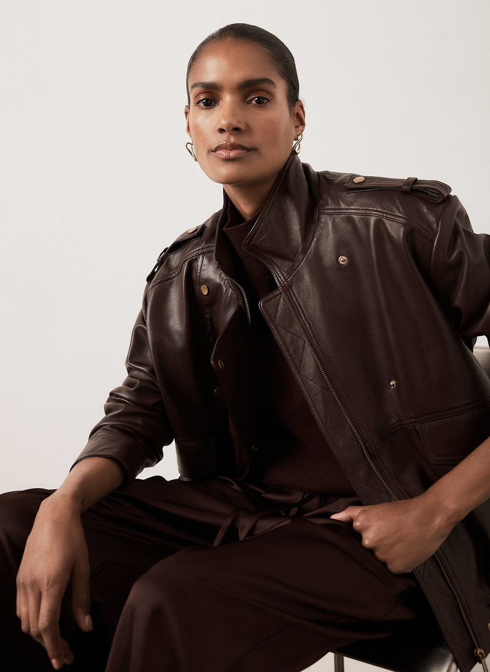 Burgundy Leather Oversized Bomber Jacket