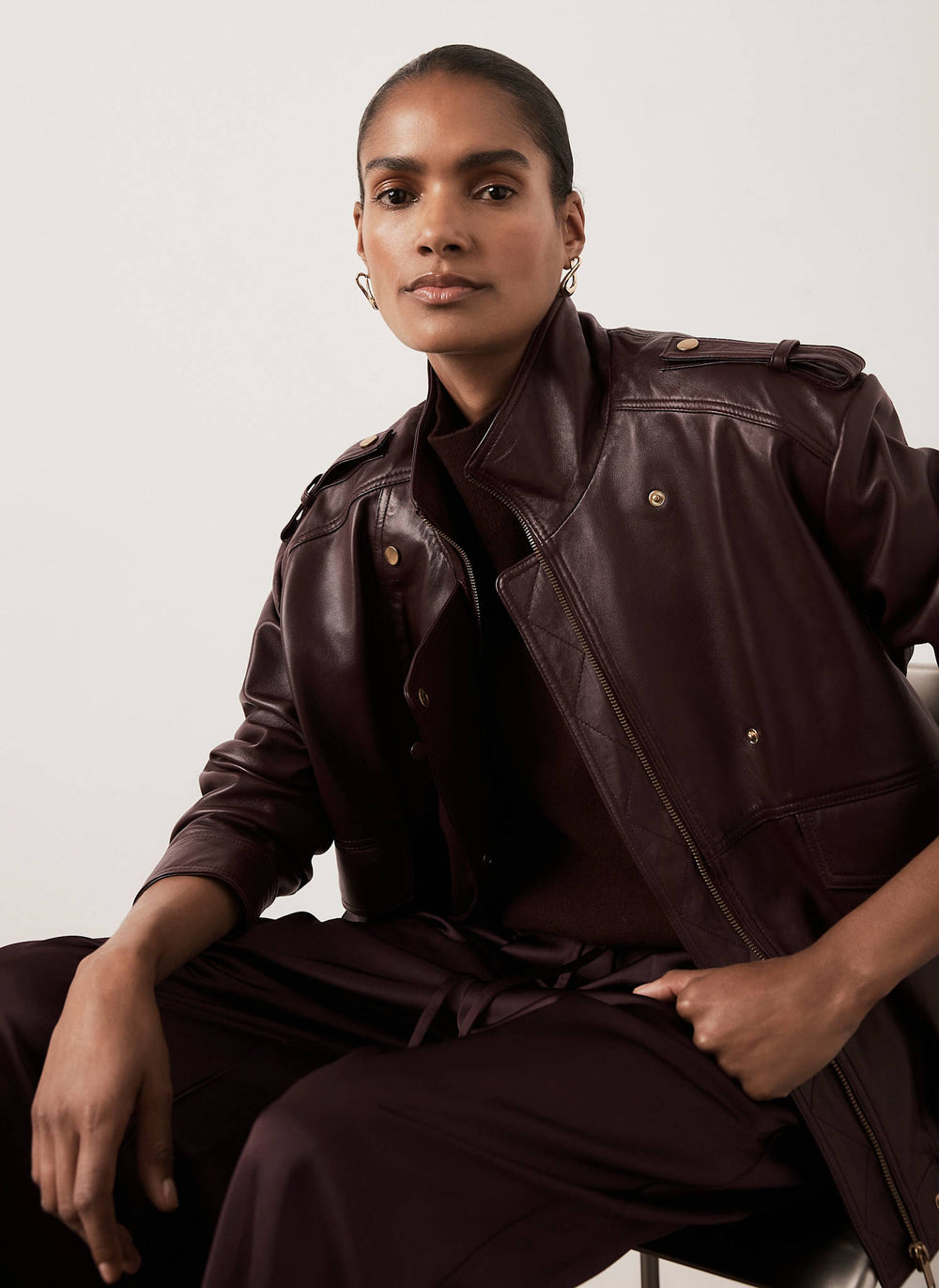 Burgundy Leather Oversized Bomber Jacket