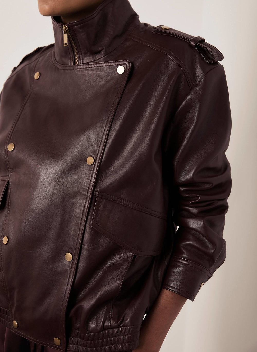 Burgundy Leather Oversized Bomber Jacket