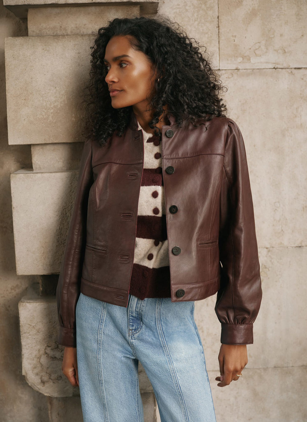 Burgundy Leather Stand Collar Jacket