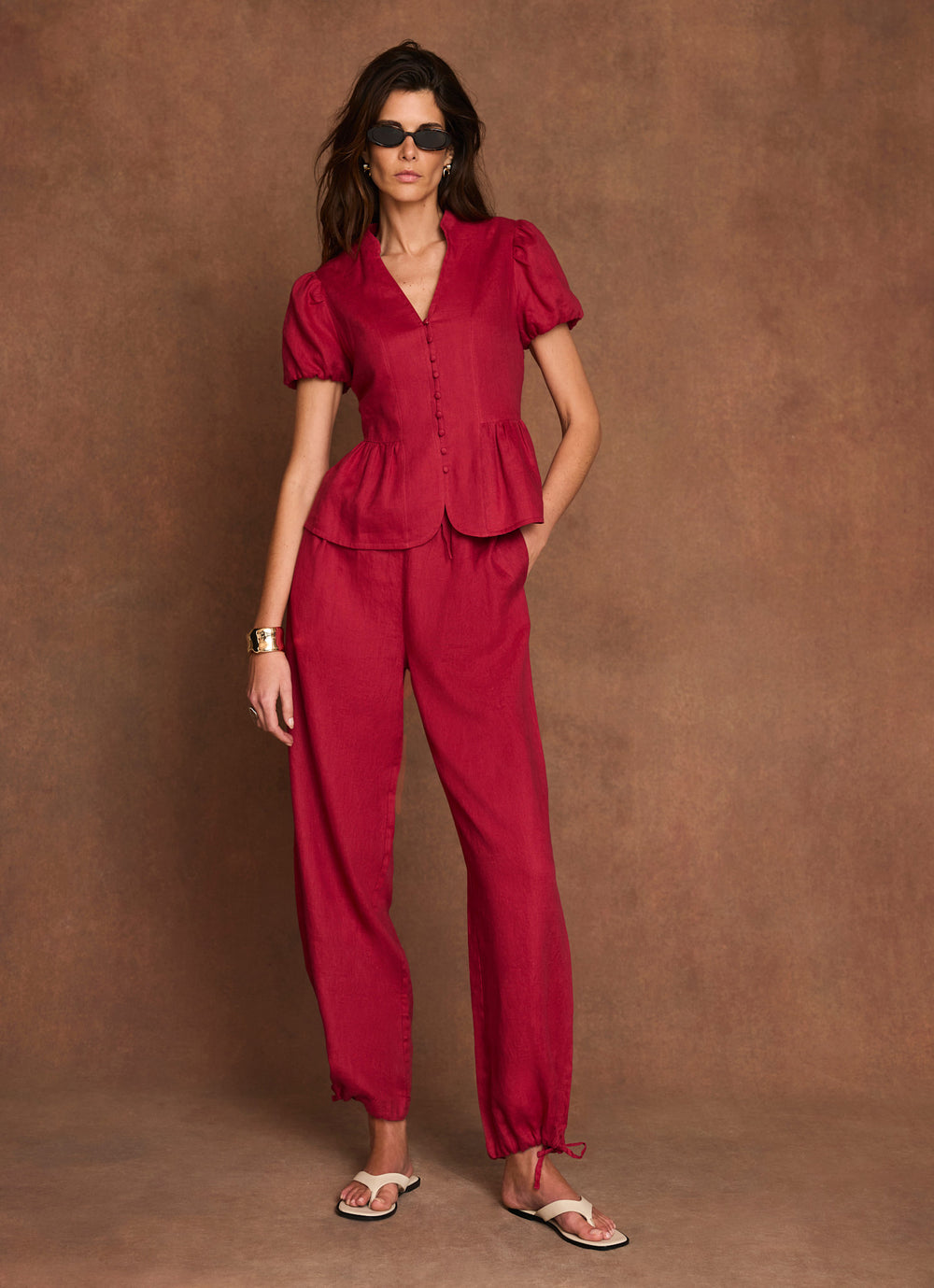 Red Linen Balloon Trousers