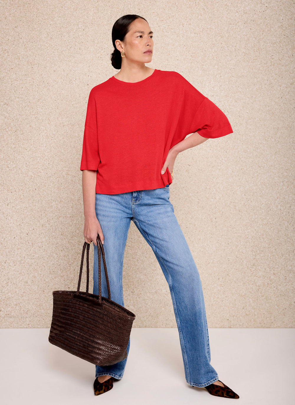 Red Linen Blend Boxy T-Shirt