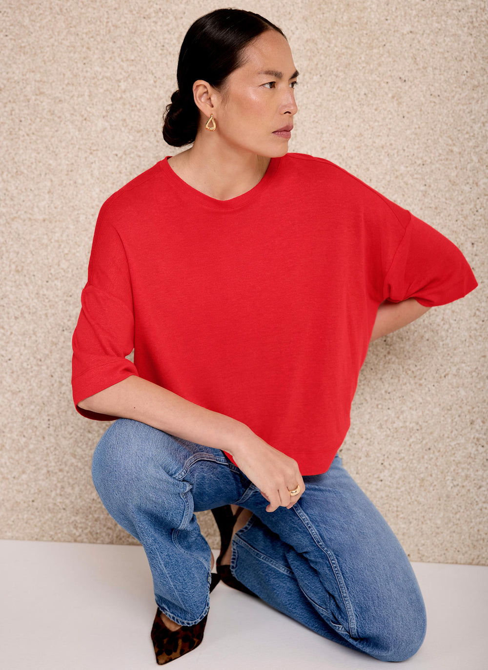 Red Linen Blend Boxy T-Shirt