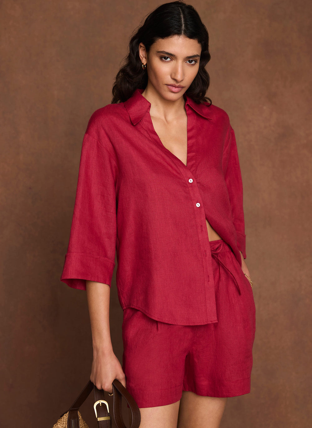 Red Linen Drawstring Shorts