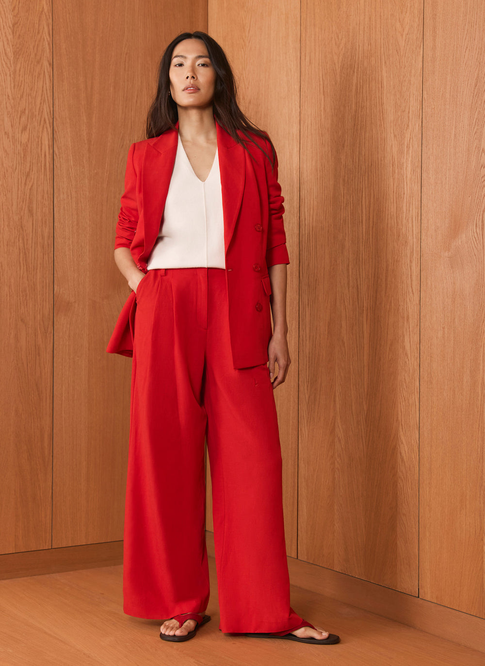 Red Pleated Wide Leg Trousers