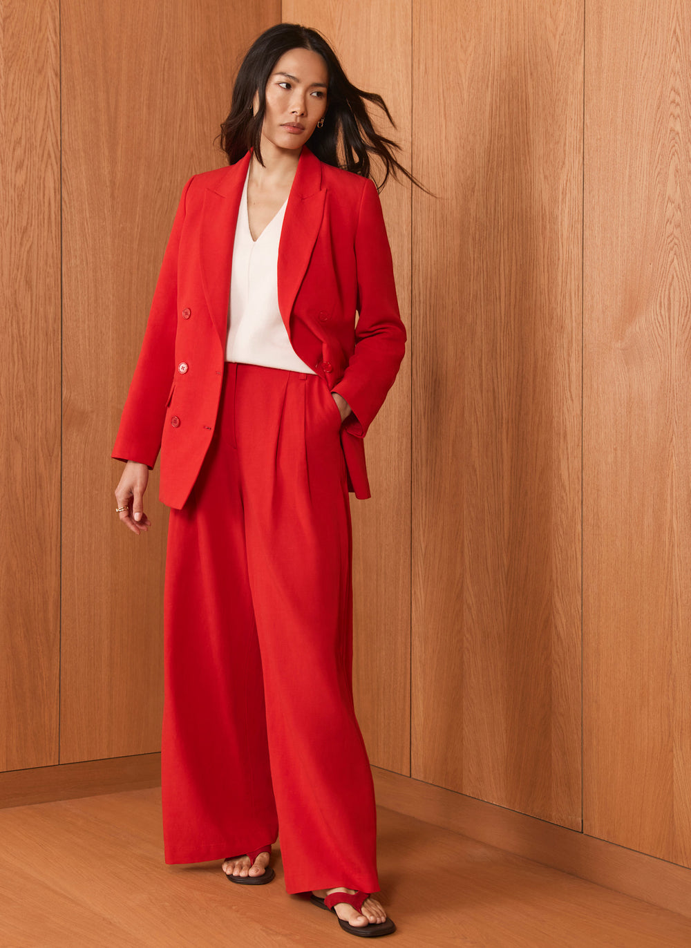 Red Pleated Wide Leg Trousers