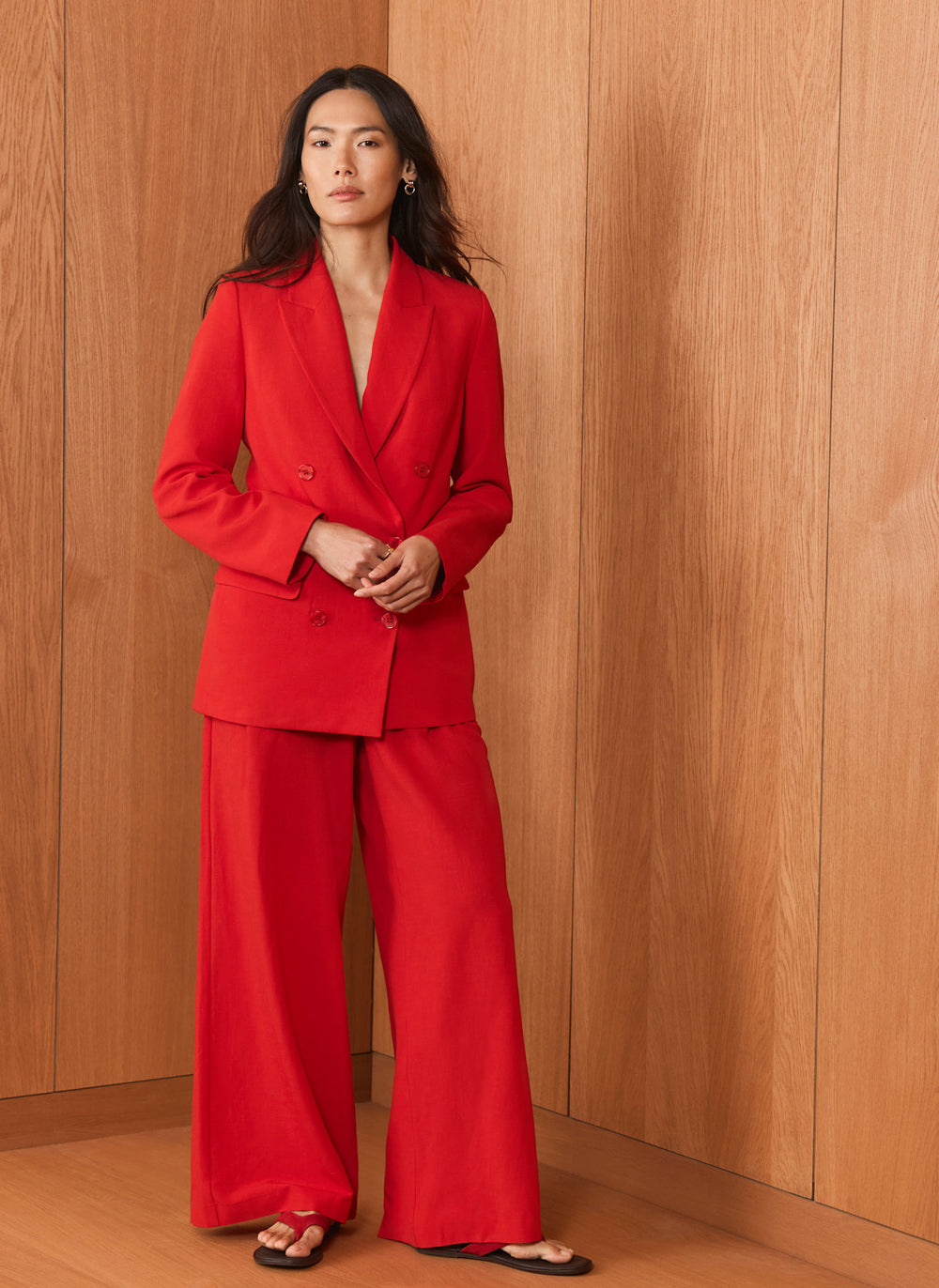 Red Pleated Wide Leg Trousers
