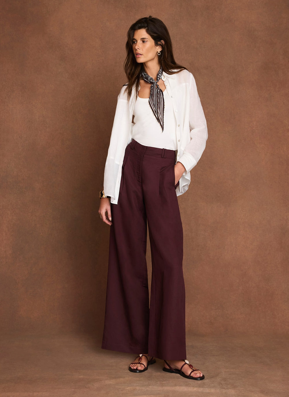Burgundy Linen Blend Wide Leg Trousers