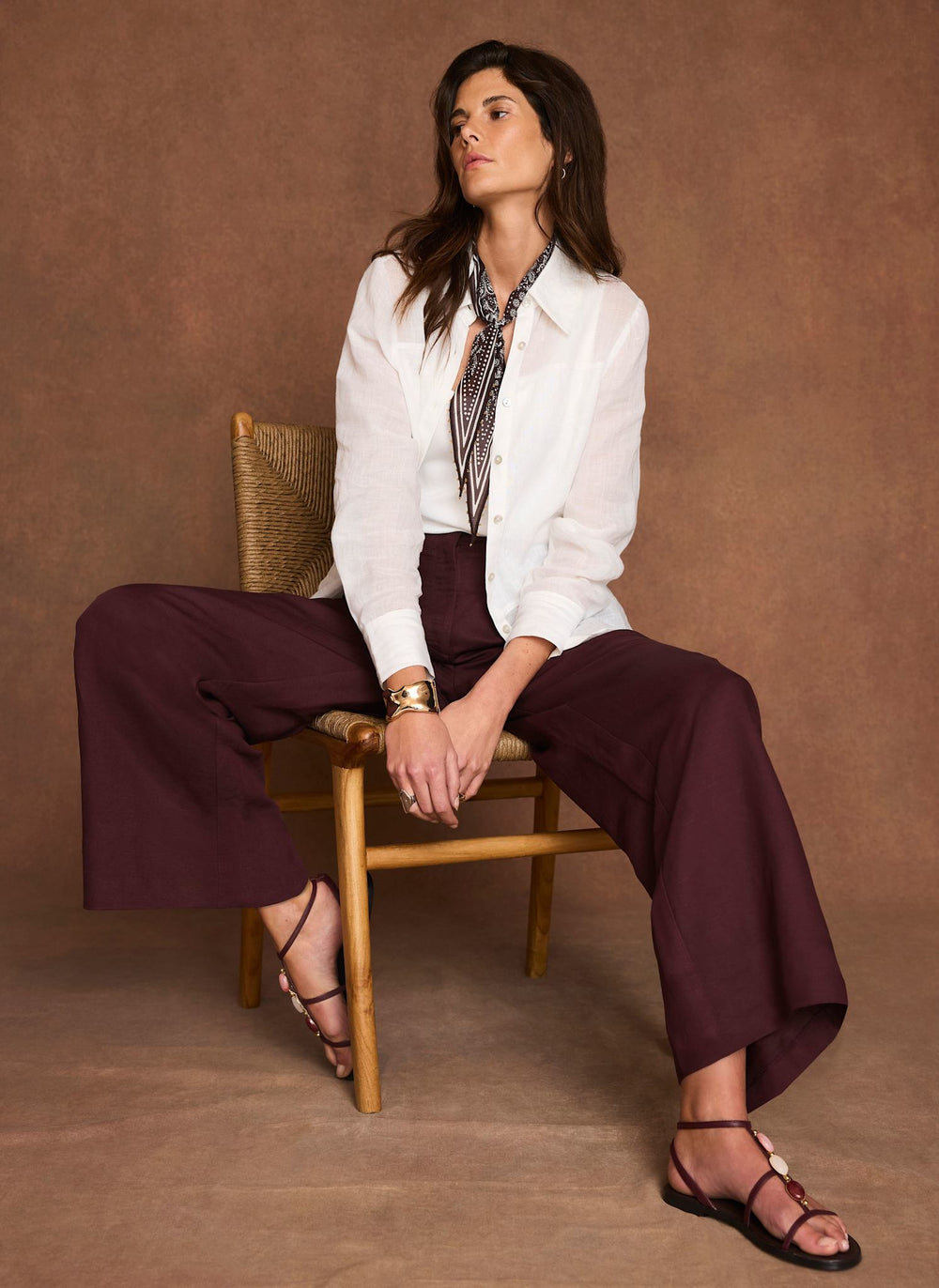Burgundy Linen Blend Wide Leg Trousers