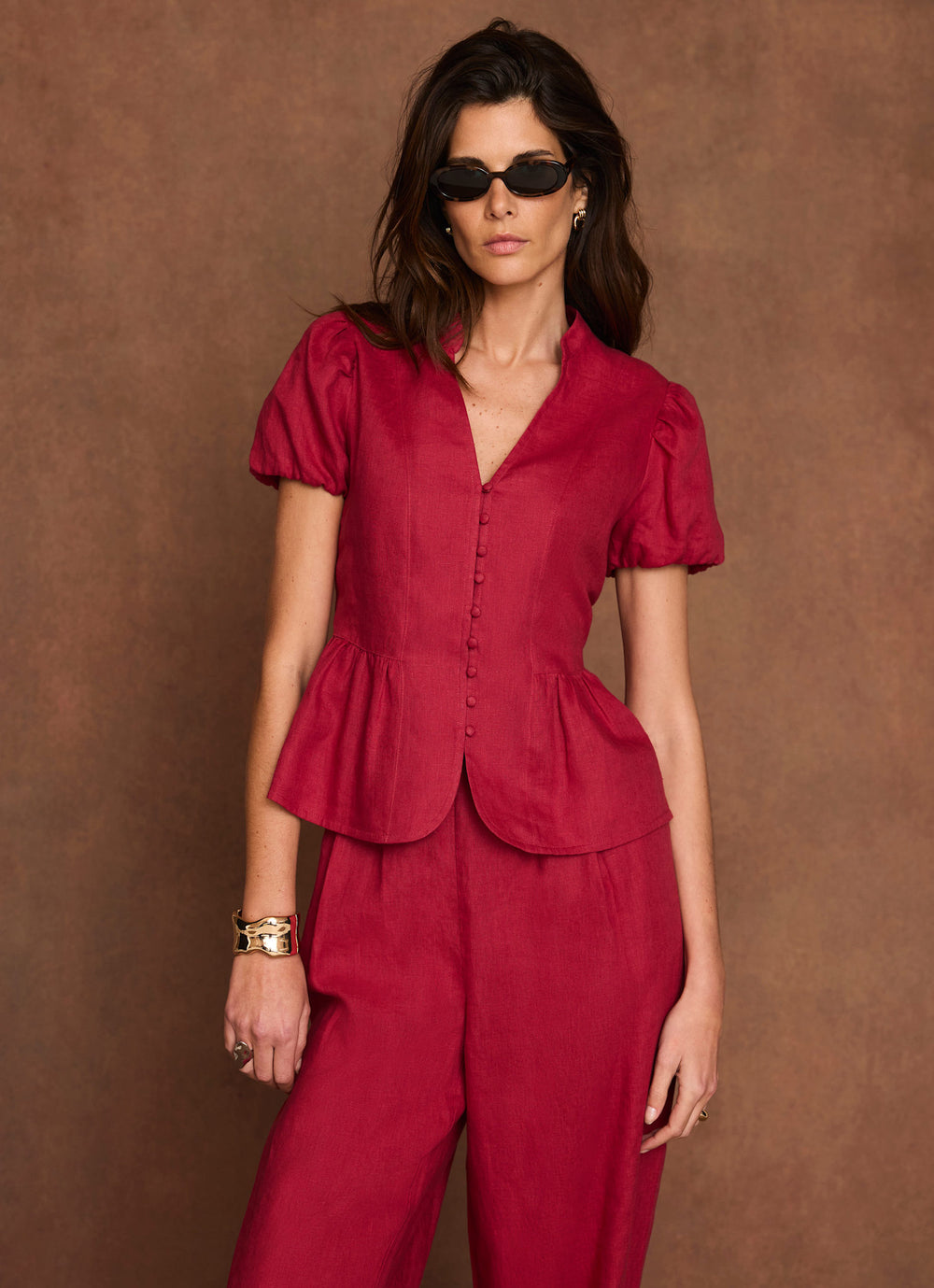 Red Linen Peplum Top