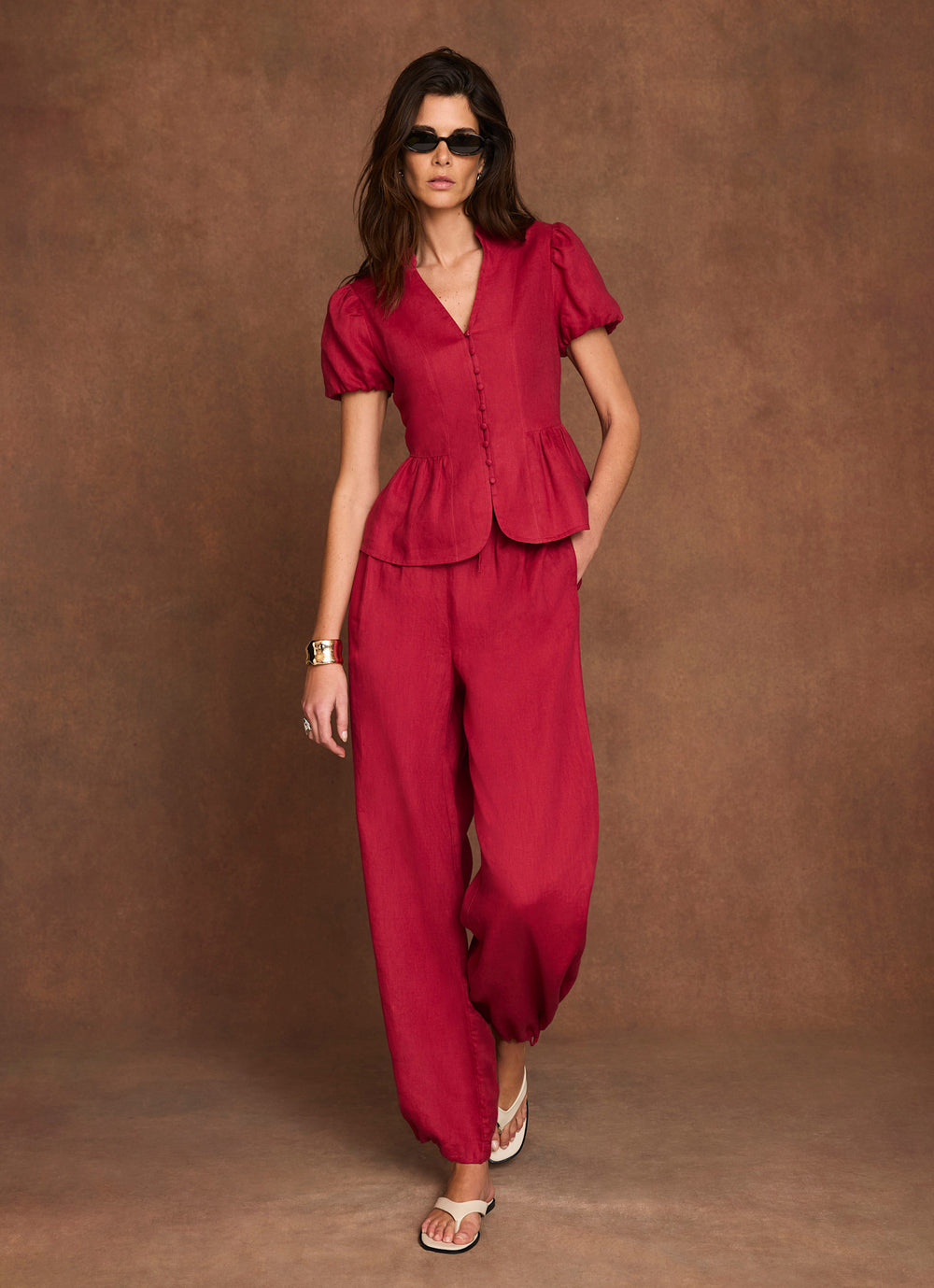 Red Linen Peplum Top