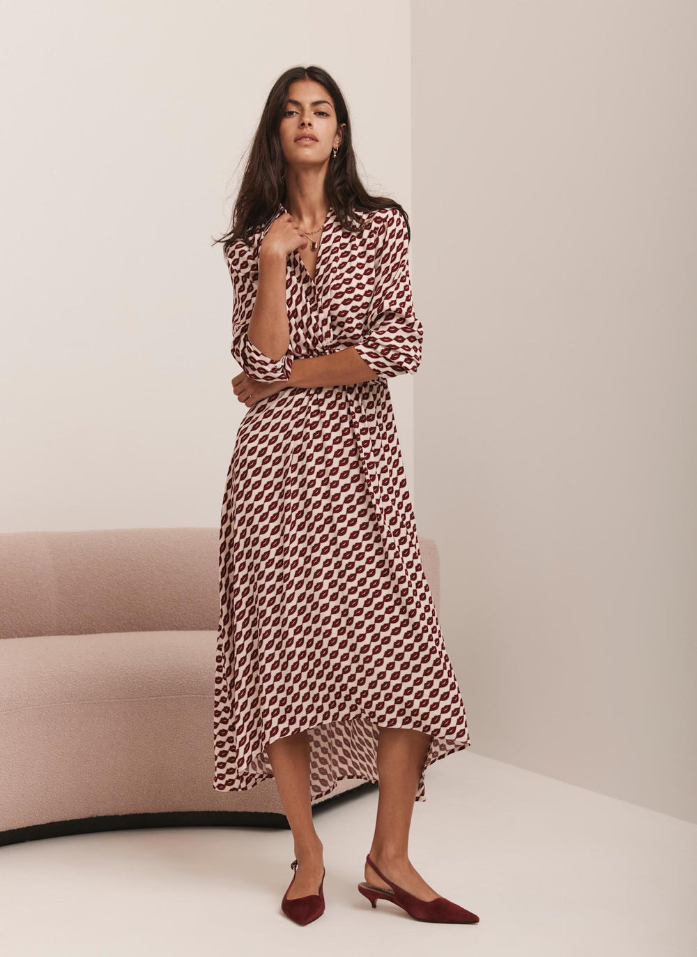 Red Lip Print Midi Shirt Dress