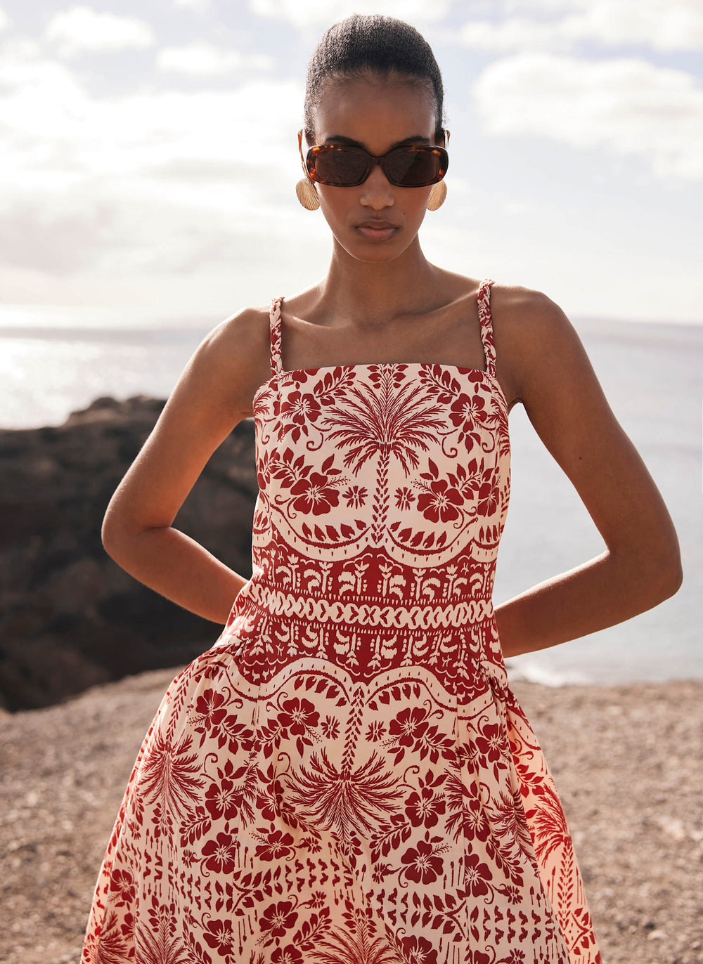 Red Palm Print Midi Dress