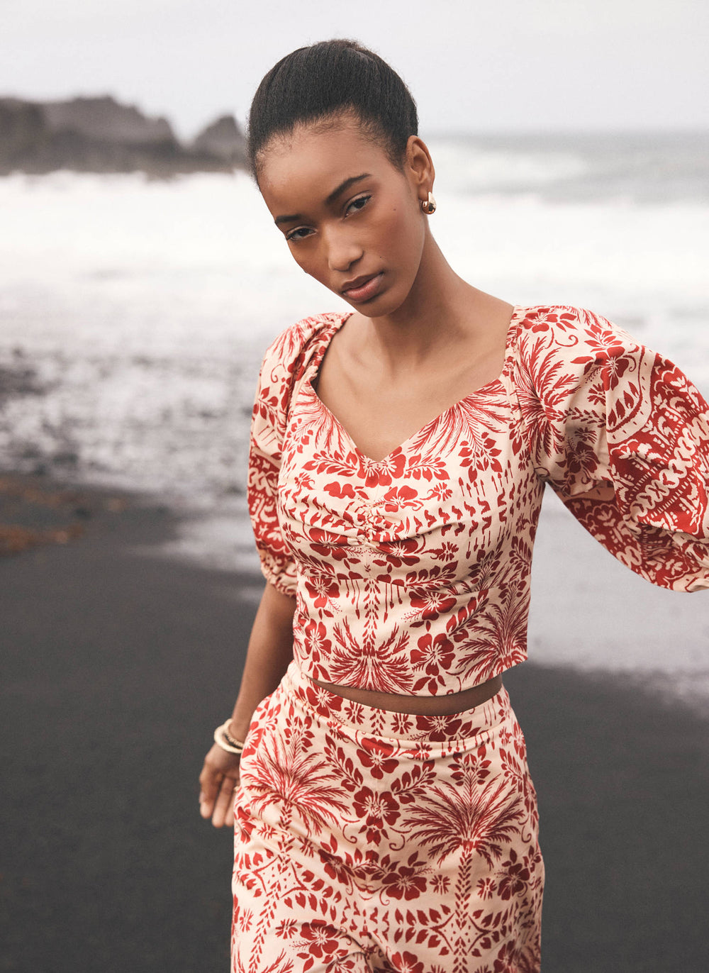 Red Printed Puff Sleeve Top