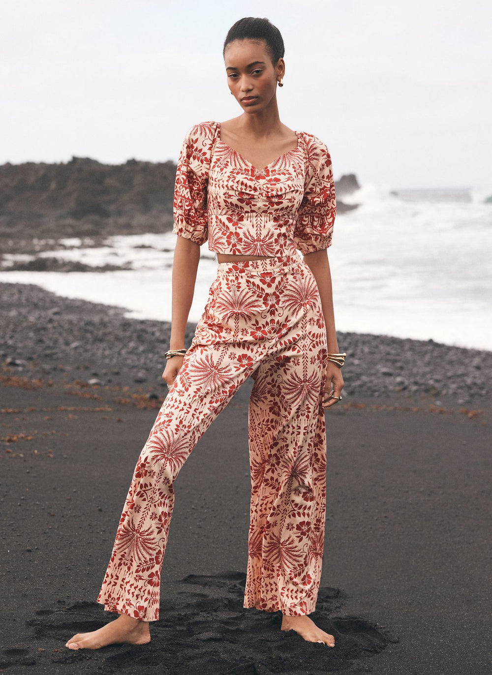 Red Printed Puff Sleeve Top