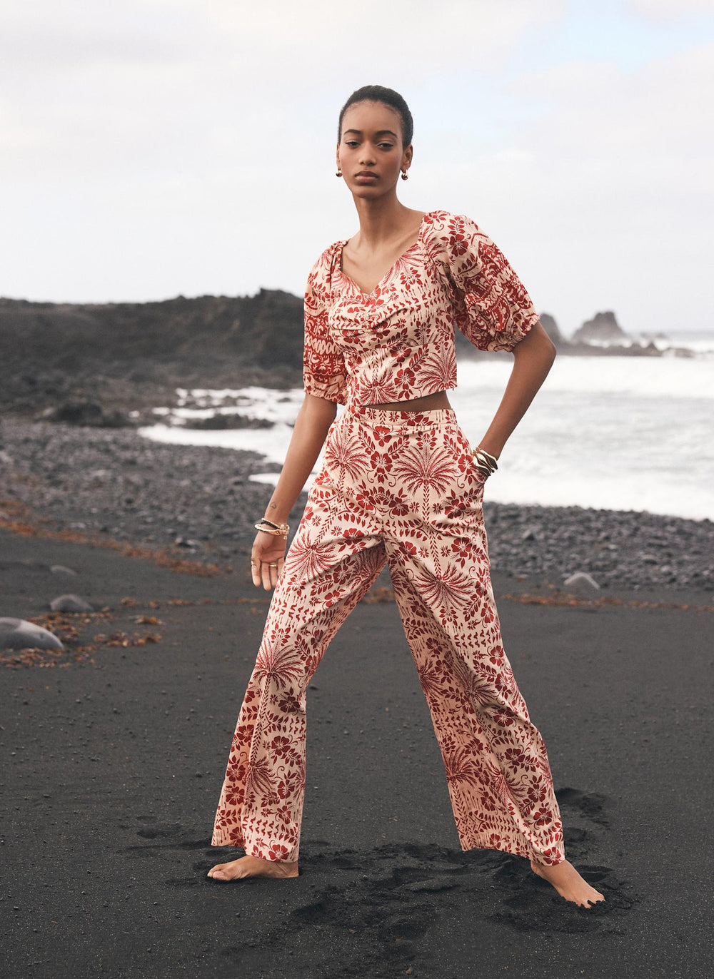 Red Floral Print Wide Trousers