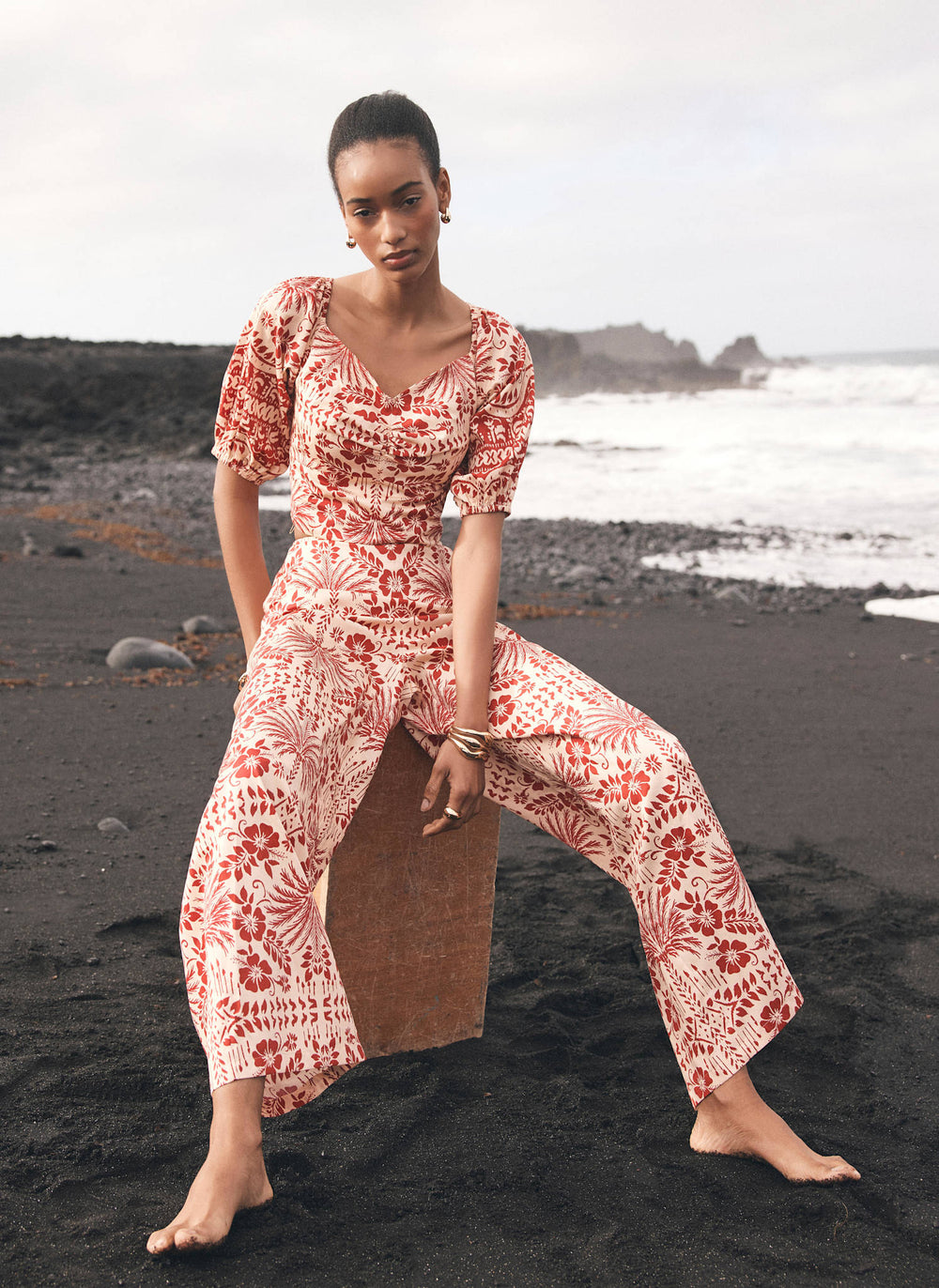 Red Floral Print Wide Trousers