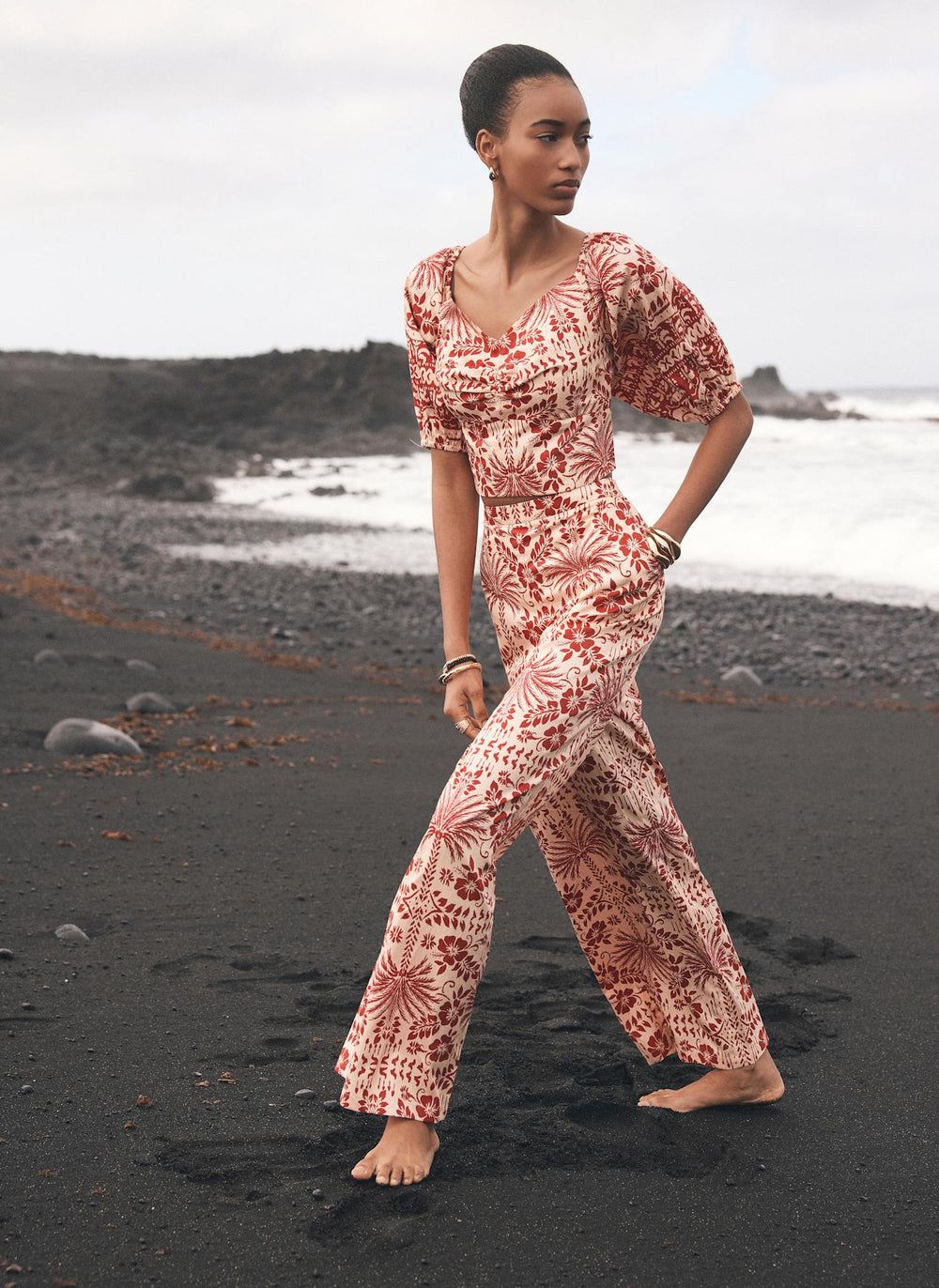 Red Floral Print Wide Trousers