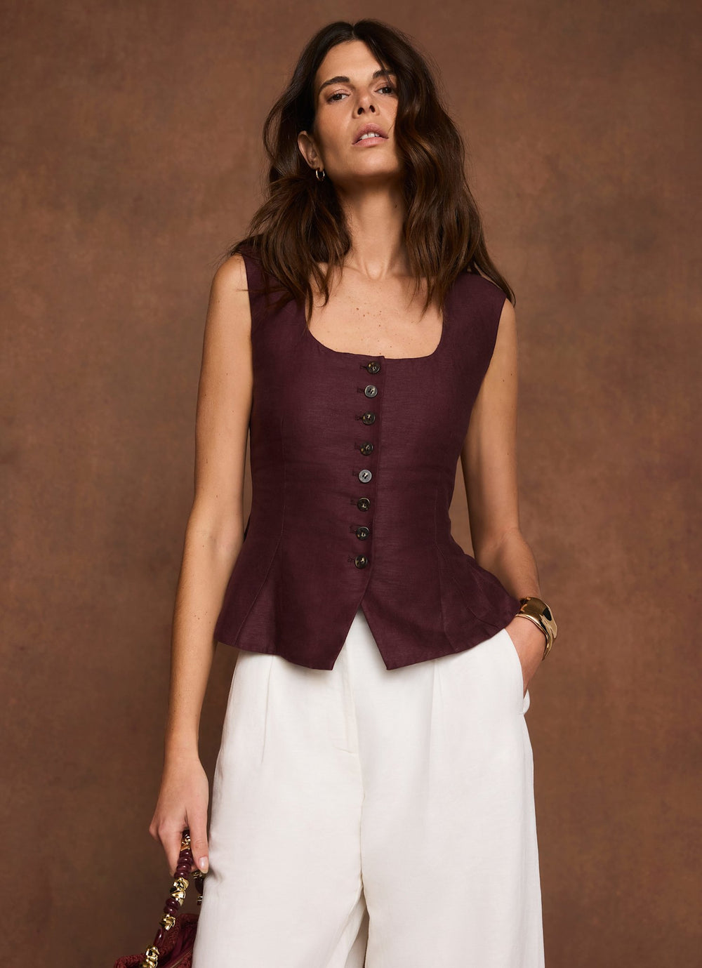 Burgundy Linen Blend Peplum Waistcoat
