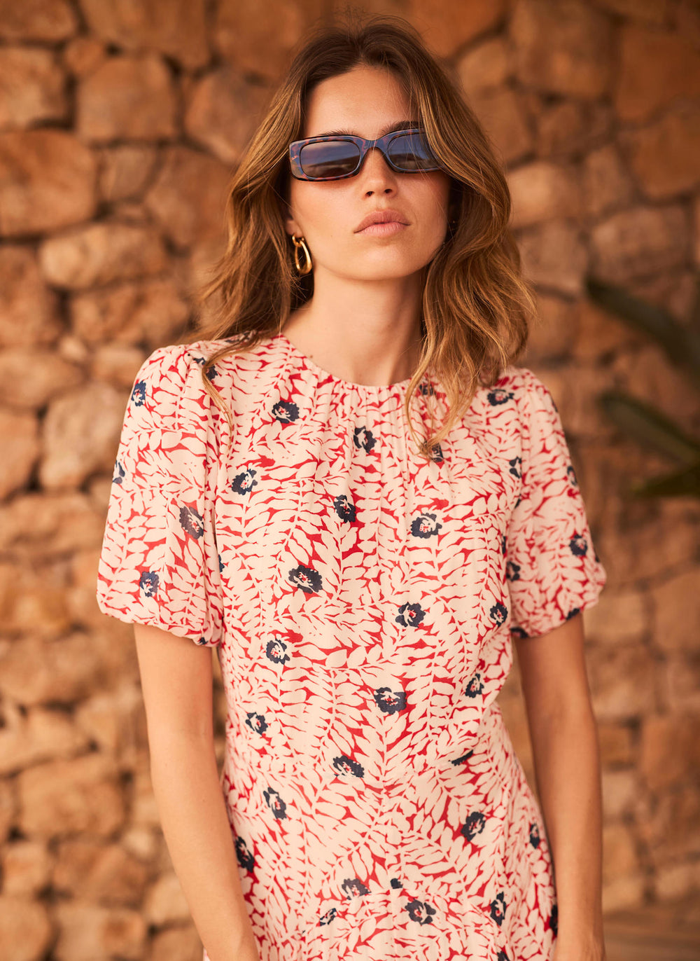 Red Printed Puff Sleeve Maxi Dress