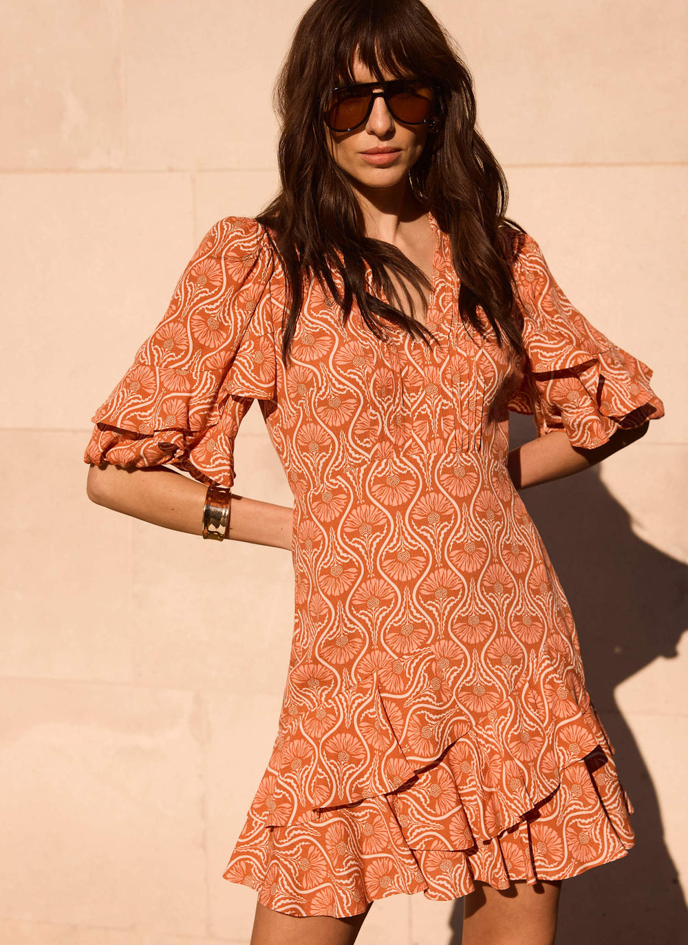 Orange Printed Ruffle Mini Dress