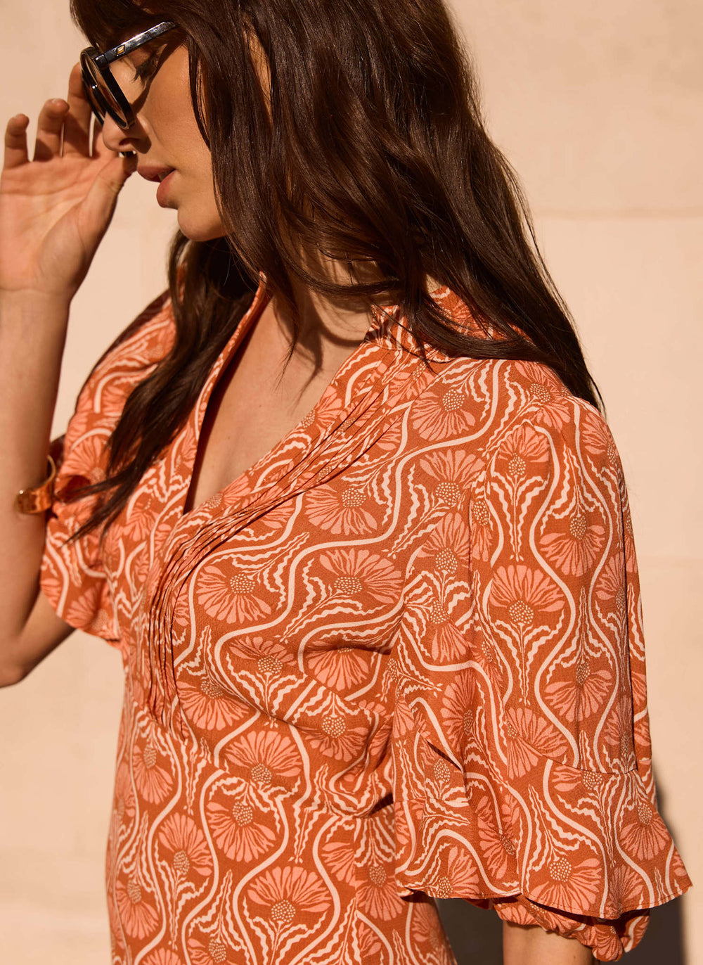 Orange Printed Ruffle Mini Dress