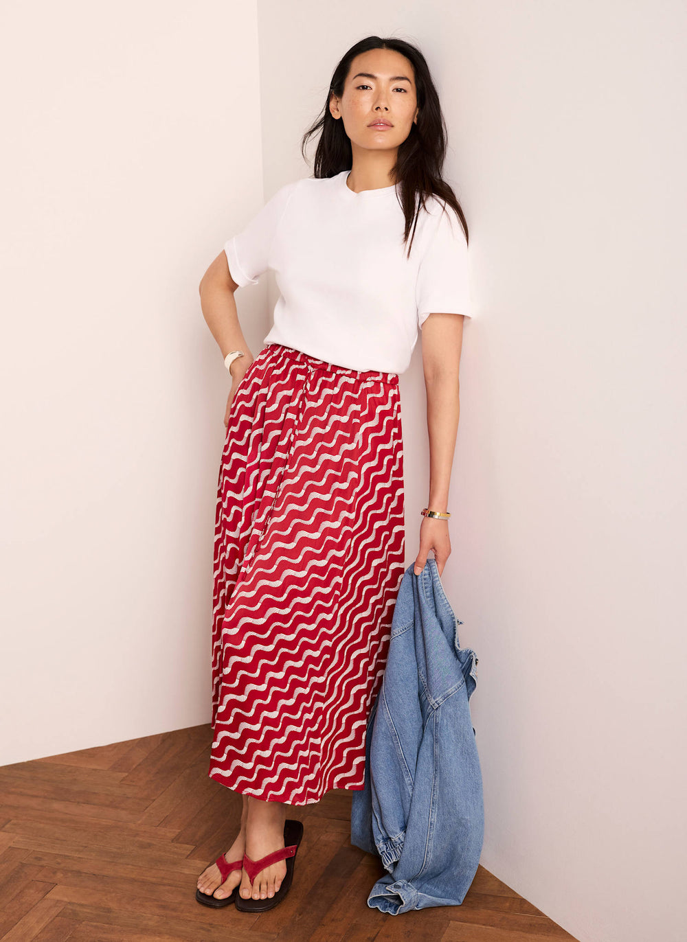 Red Satin Printed Maxi Skirt