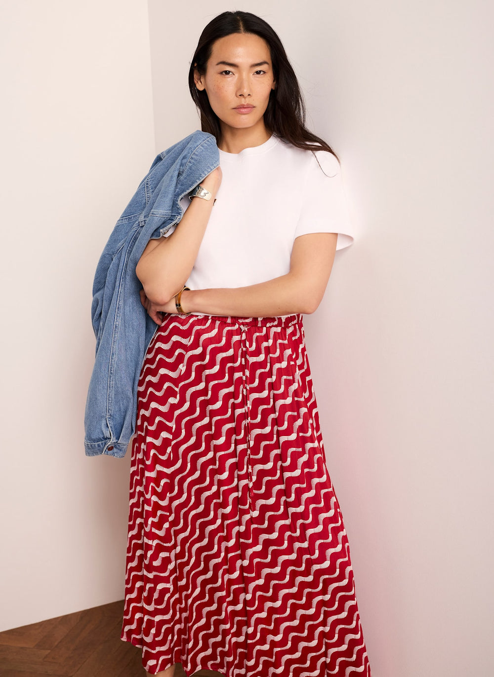 Red Satin Printed Maxi Skirt