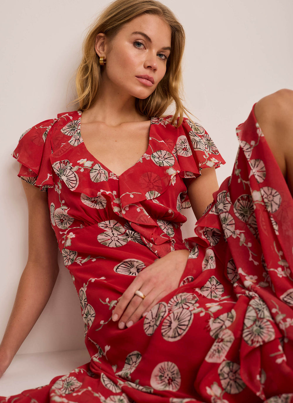 Red Floral Print Ruffle Midi Dress