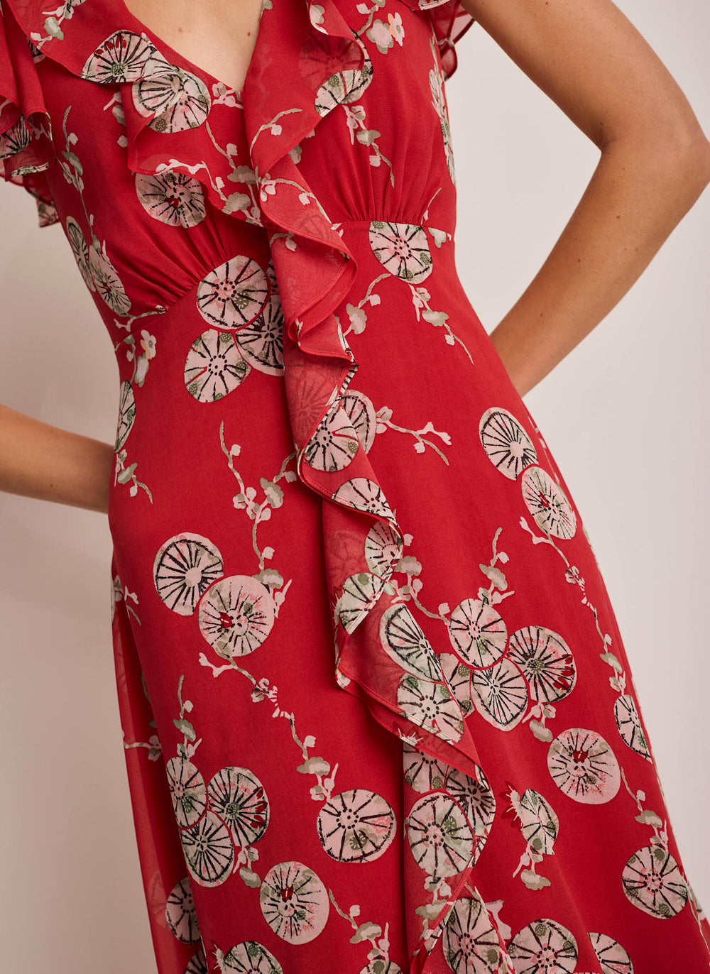 Red Floral Print Ruffle Midi Dress