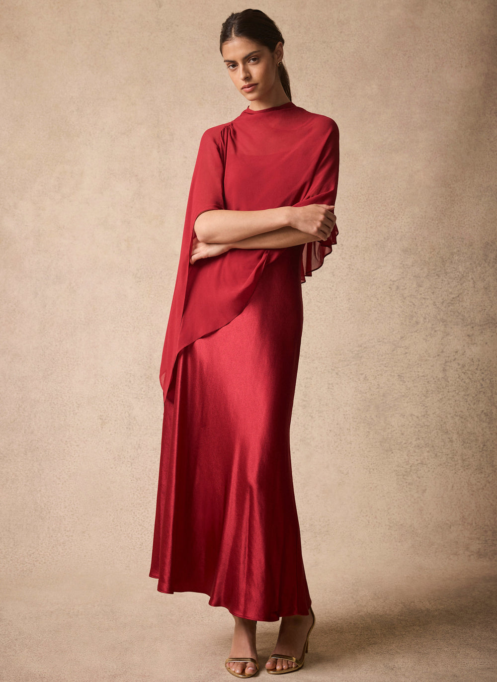 Red Satin Cape Detail Maxi Dress