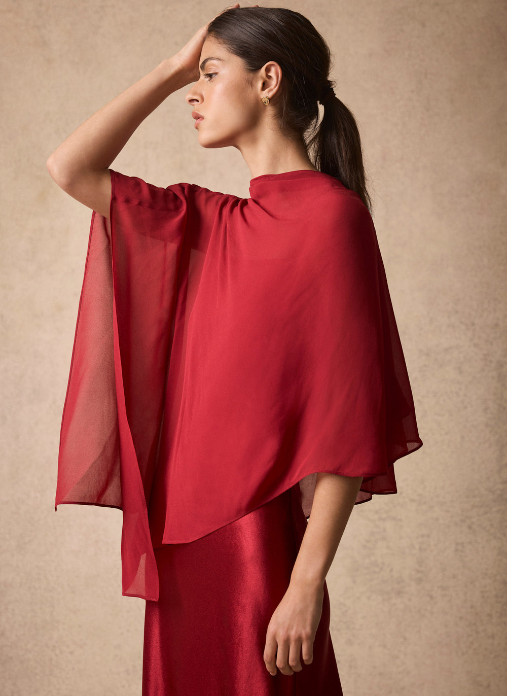 Red Satin Cape Detail Maxi Dress
