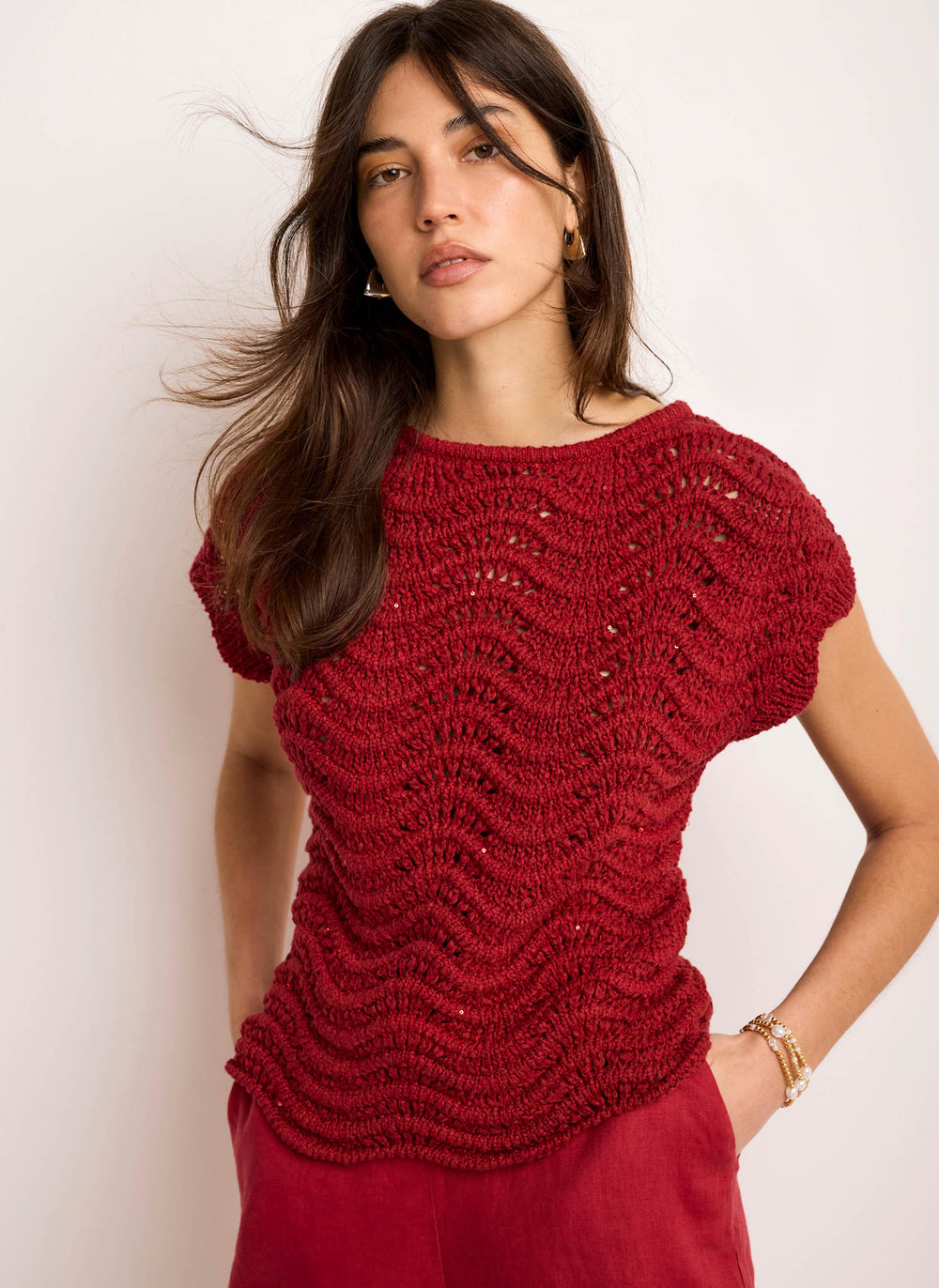 Red Embellished Crochet Knit Top