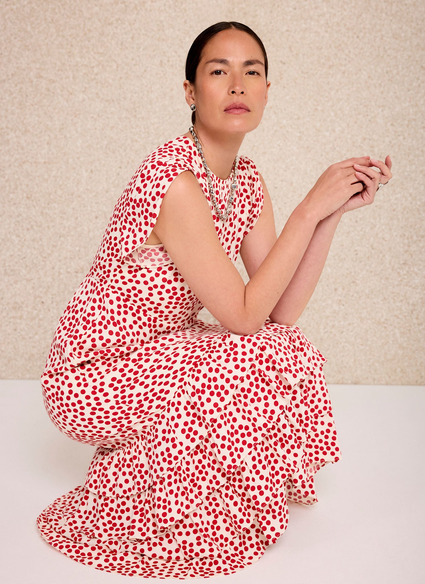 red dress with white spots Polka Dot Ruffle Midi Size:10 Homecoming Outfits Does Platos cascading finish that brings Size:Plus size - tow piece