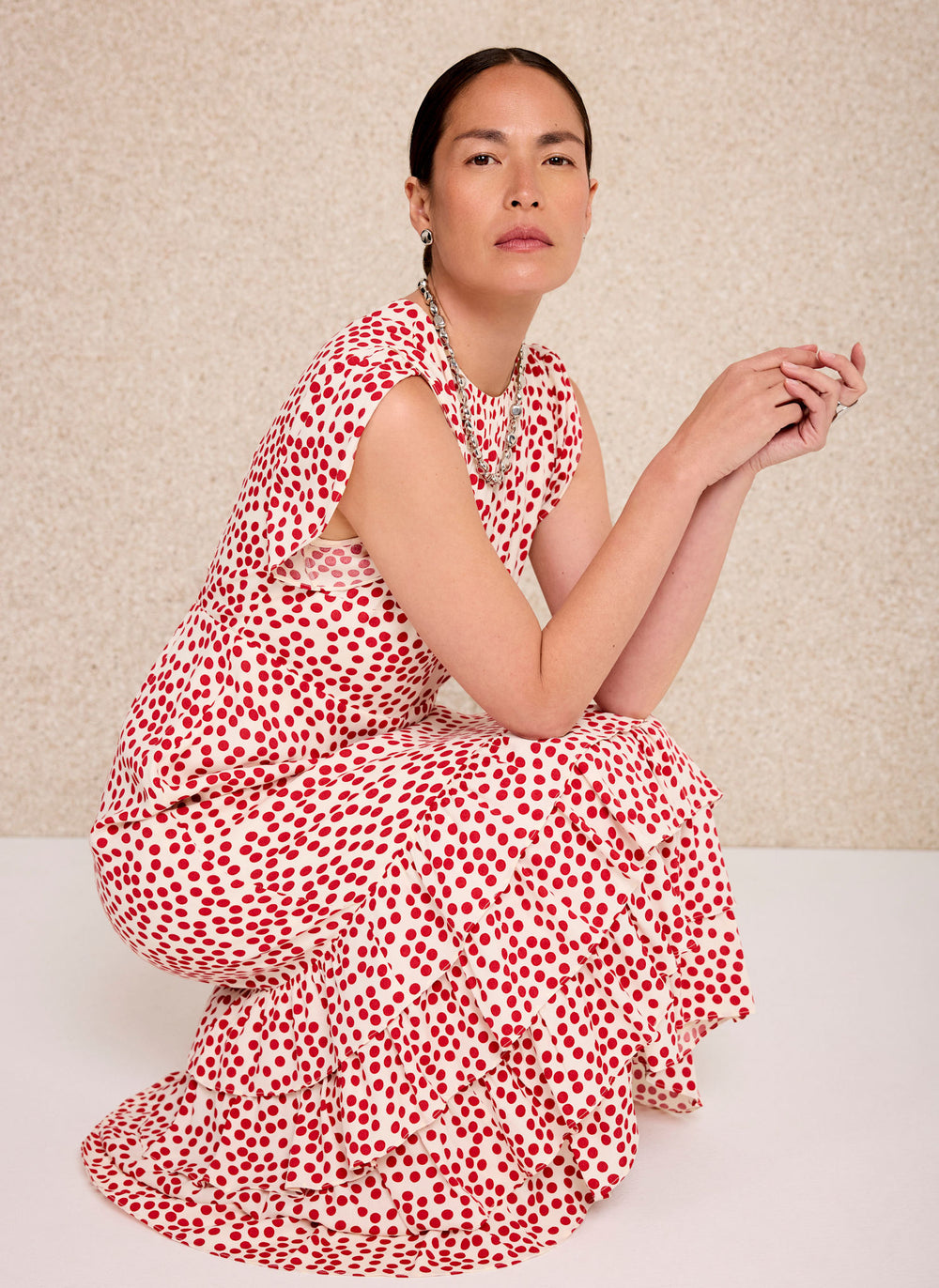 Red Polka Dot Ruffle Midi Dress