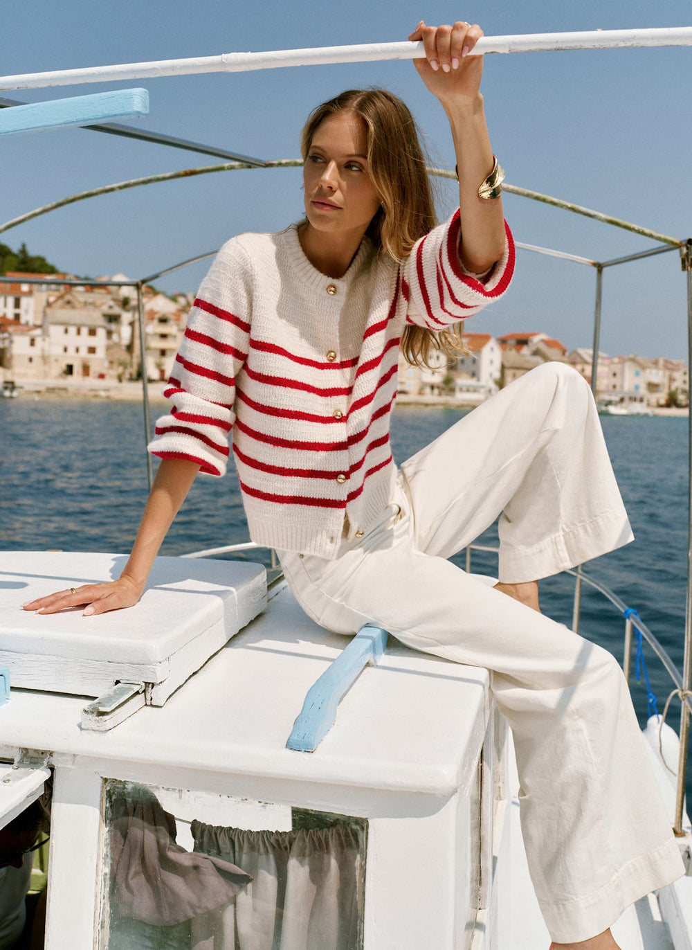 Red Wool Blend Stripe Knit Cardigan