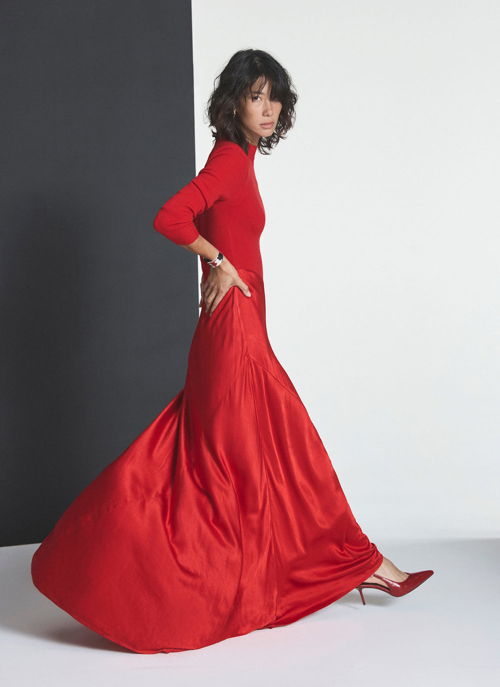 Red Knit Contrast Maxi Dress
