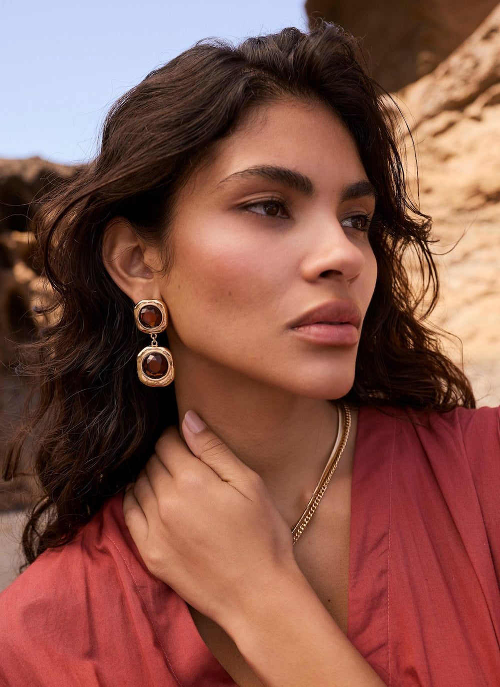 Gold Tone Brown Resin Drop Earrings