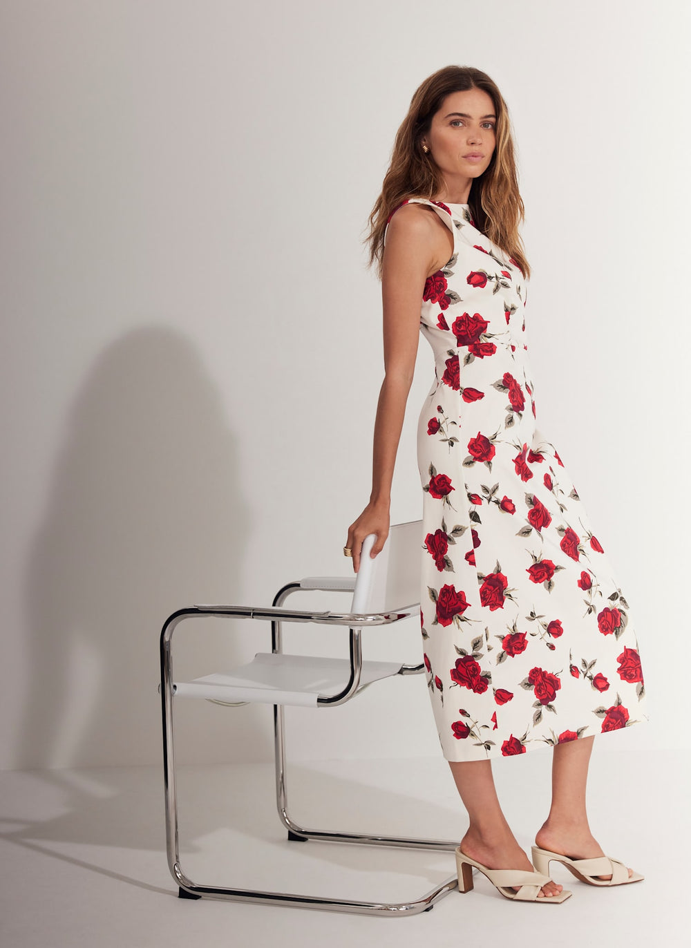 Red Rose Print Midi Dress